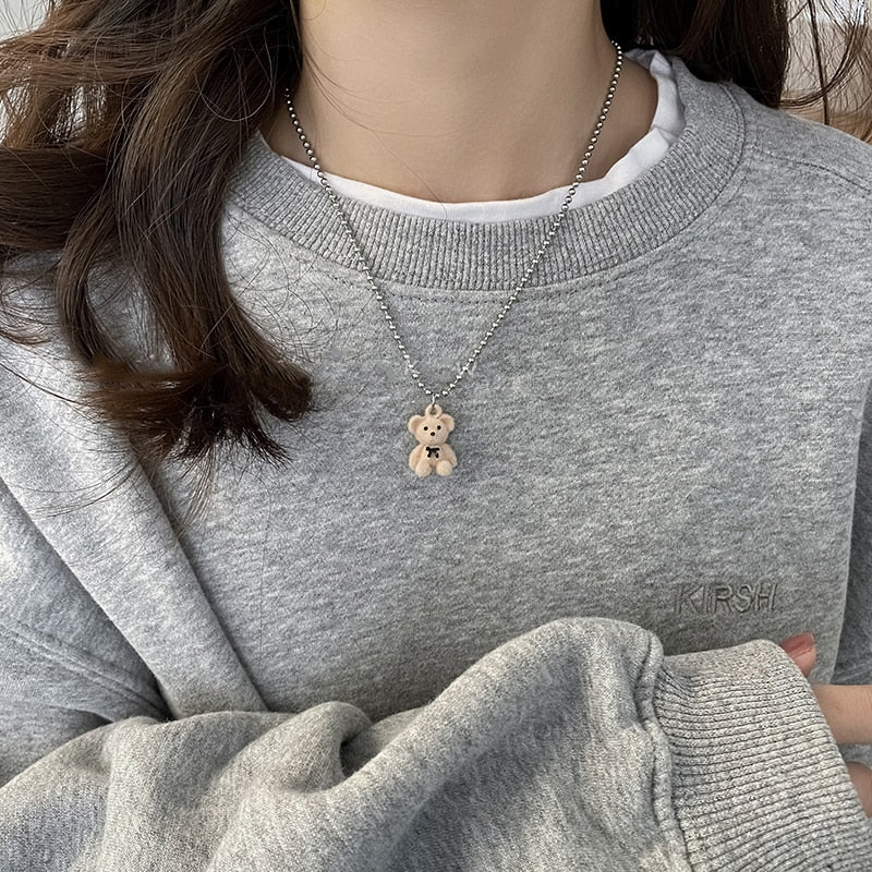 Korean Kawaii Funny Plush Necklace For Girls Cute Beaded Chain Statement Bear Pendant Choker Autumn Winter Jewelry 2021