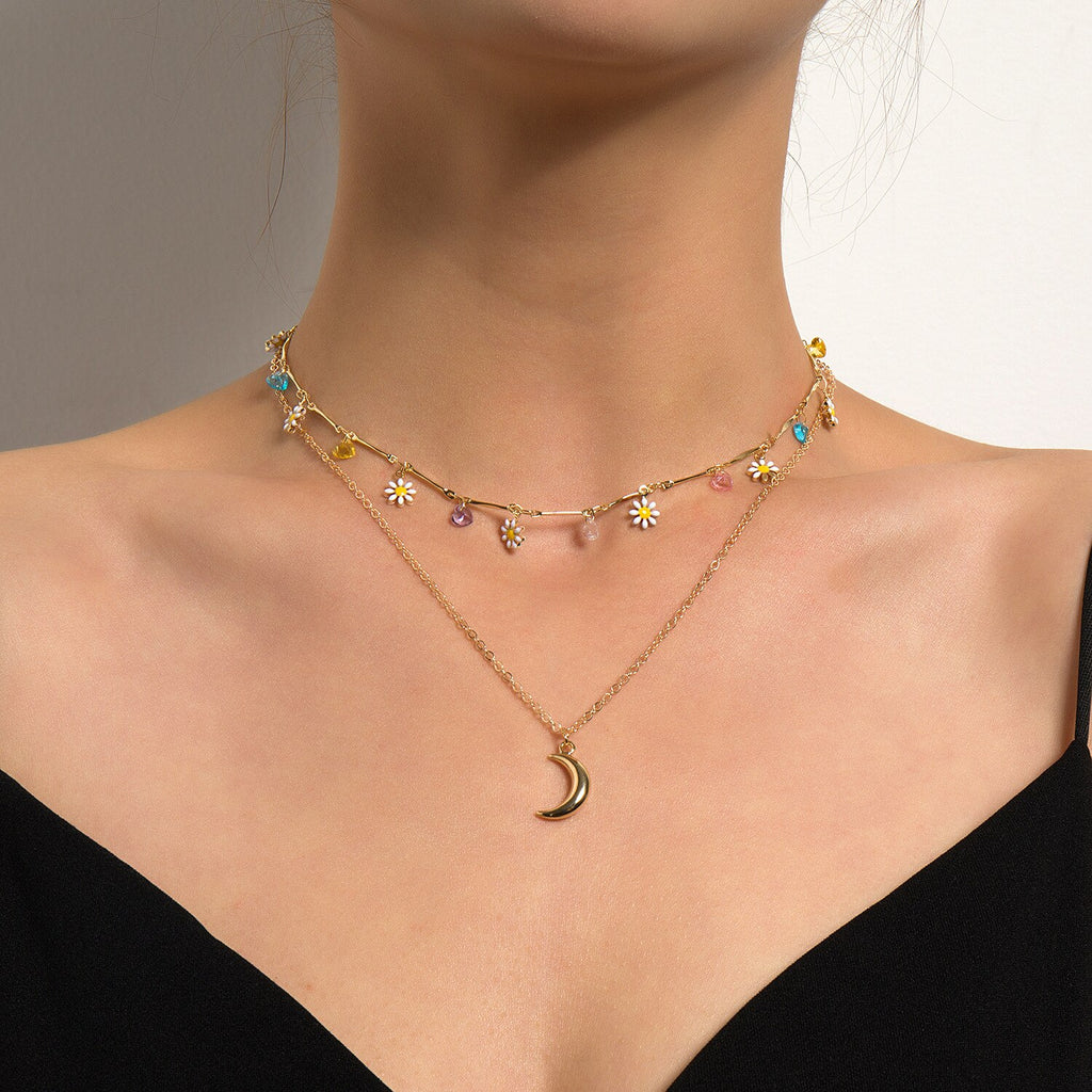 Korean Lovely Daisy Flowers Colorful Beaded Charm Pendant Short Choker Starfish Heart Cross Evil Eyes Moon Clavicle Chain Collar