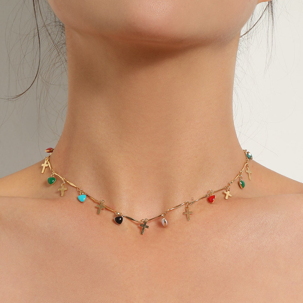 Korean Lovely Daisy Flowers Colorful Beaded Charm Pendant Short Choker Starfish Heart Cross Evil Eyes Moon Clavicle Chain Collar