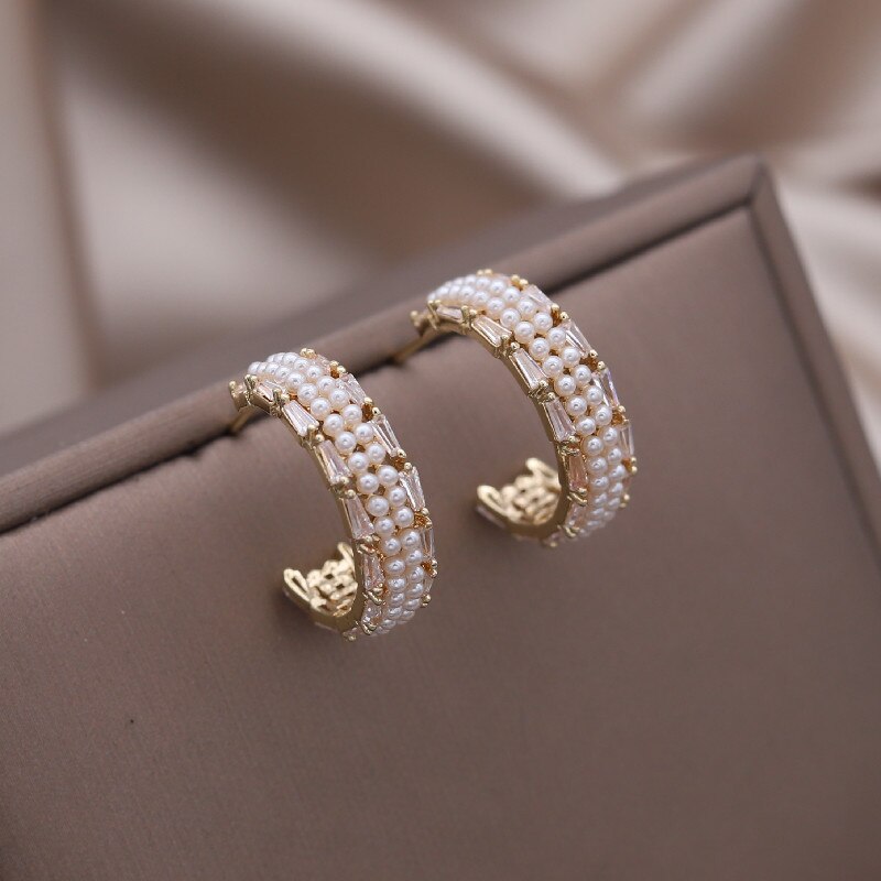 Korean Design 14K Gold Plated C-type Zircon Pearl earringsElegant Women's Daily Work Accessories