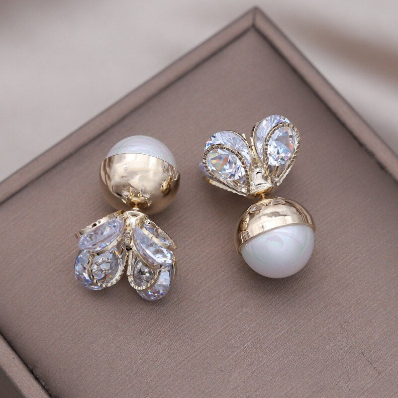 Korean  Design Jewelry 14K Gold Plated  Zircon Pearl Front Back Earring Elegant Women's Daily Work Accessories