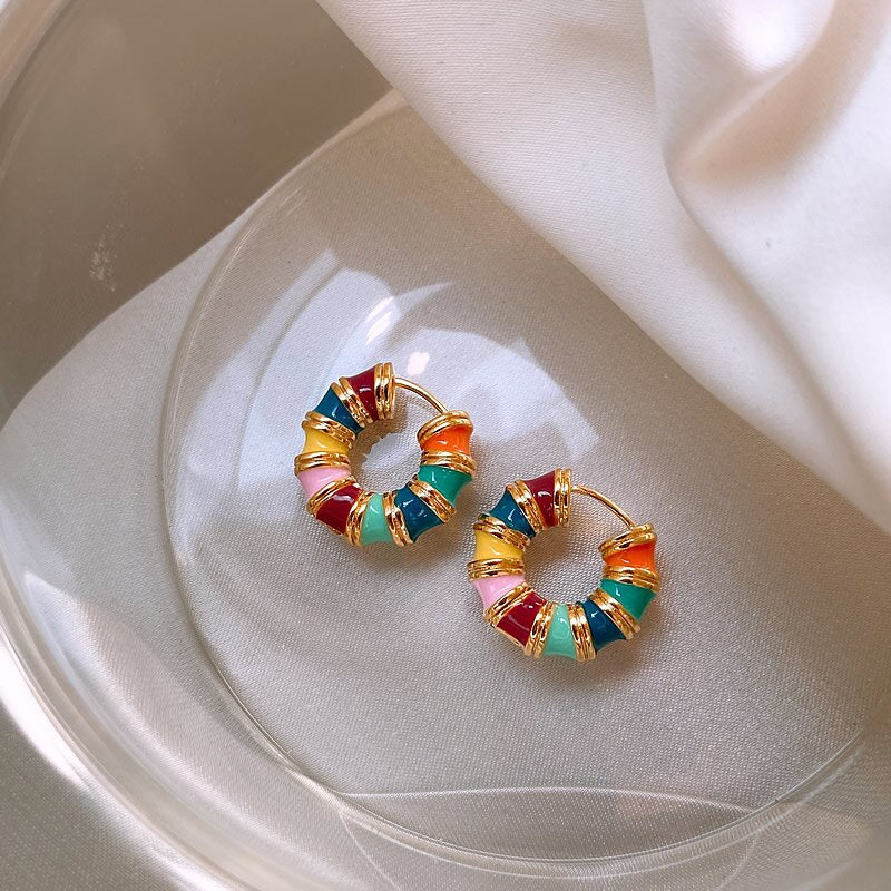 Korean Design Jewelry 14K Gold Plating Gold Color Enamel Drop Glazed Earrings Elegant Women's Daily Work Accessories