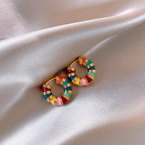 Korean Design Jewelry 14K Gold Plating Gold Color Enamel Drop Glazed Earrings Elegant Women's Daily Work Accessories