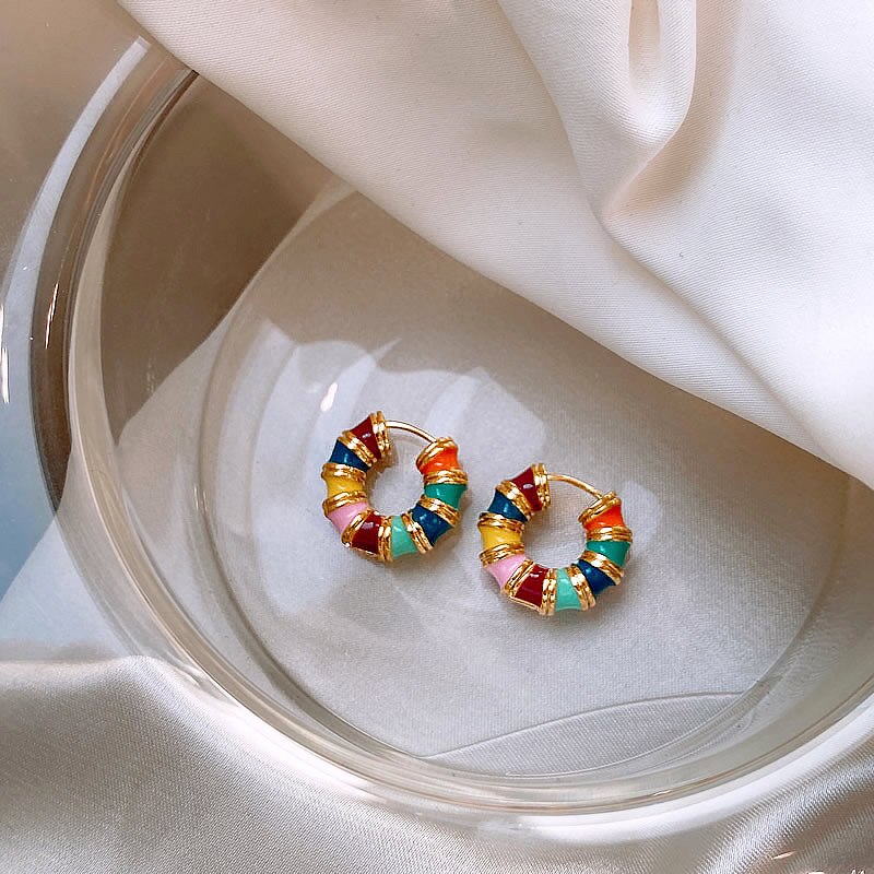 Korean Design Jewelry 14K Gold Plating Gold Color Enamel Drop Glazed Earrings Elegant Women's Daily Work Accessories