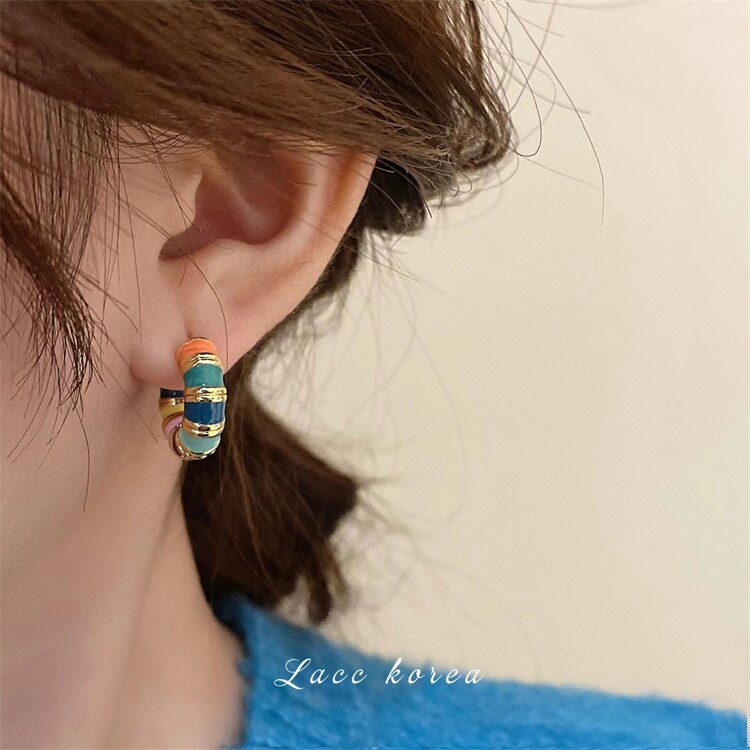 Korean Design Jewelry 14K Gold Plating Gold Color Enamel Drop Glazed Earrings Elegant Women's Daily Work Accessories