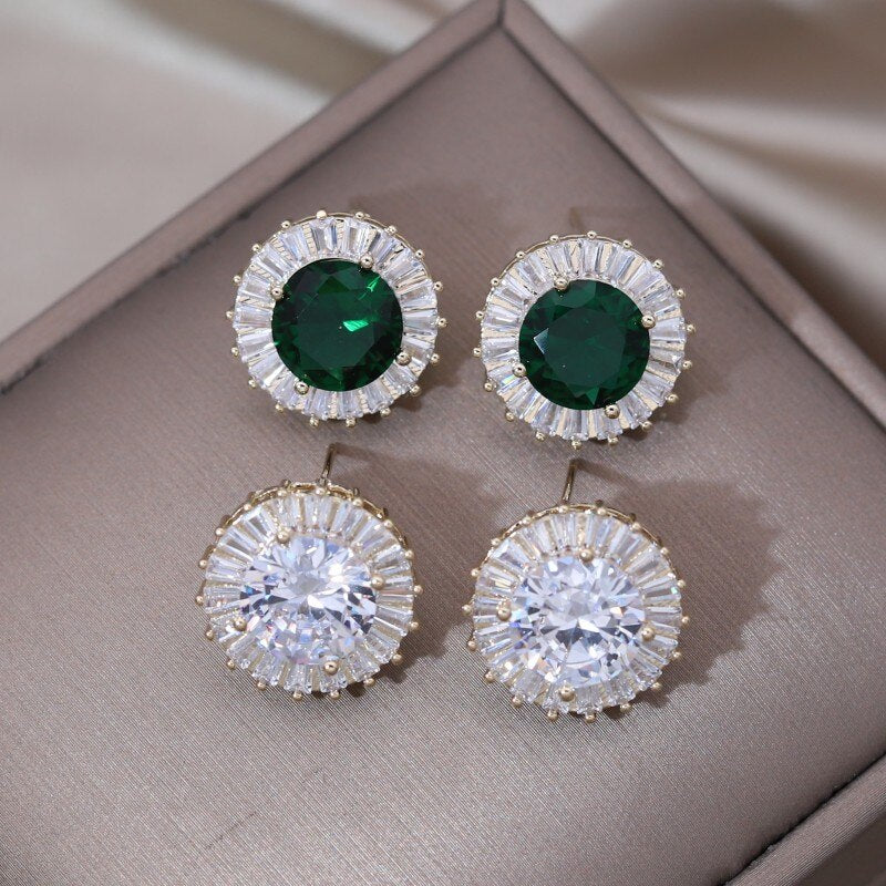 Korean Design Jewelry 14K Gold Plating  Copper Set Zircon Round Earrings Simple Women's Daily Work Accessories