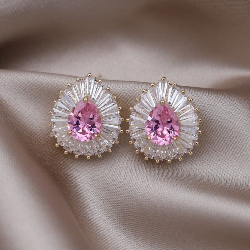 Korean Design Jewelry 14K Gold plated Copper Set Pink Zircon Water Drop Earrings  Women's Evening Accessories
