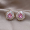Korean Design Jewelry 14K Gold plated Copper Set Pink Zircon Water Drop Earrings  Women's Evening Accessories