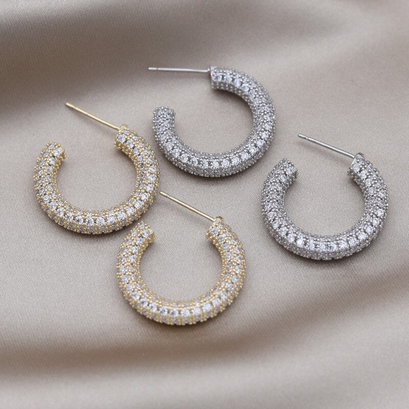 Korean Design Jewelry 14K Gold plated Copper Set Zircon C-shaped Earrings Elegant Women's Daily Work Accessories