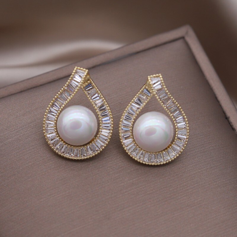 Korean Design Jewelry 14K Gold plated Copper Set Zircon Drop Pearl Earrings Elegant Women's Evening Accessories