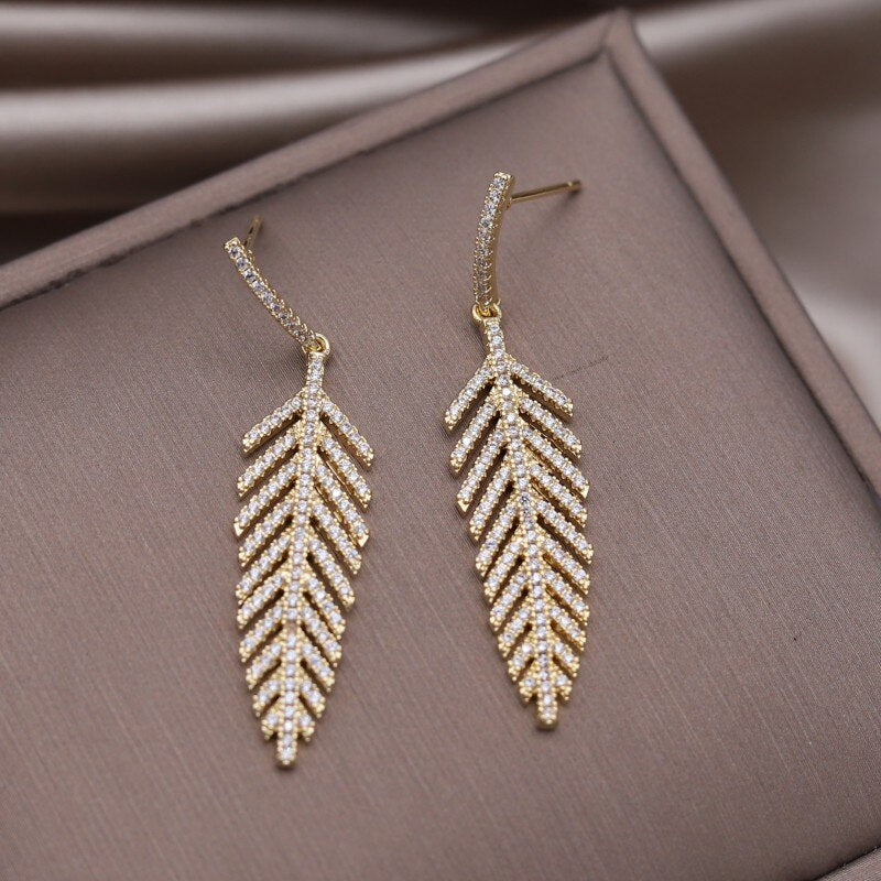 Korean Design Jewelry 14K Gold plated Fine Copper Set High Leaf Feather Earrings Elegant Women's Party Accessories