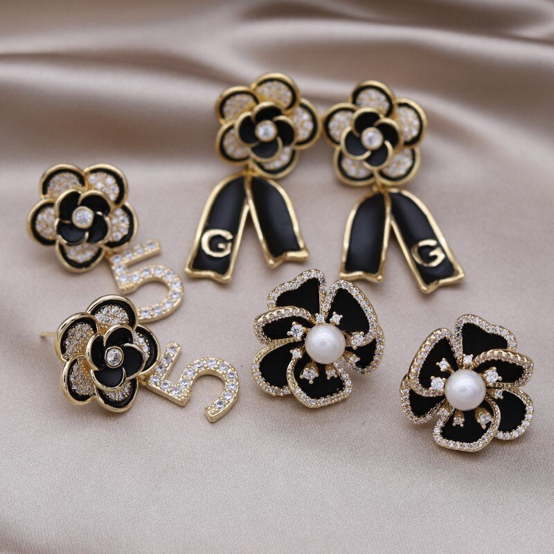 Korean Design Jewelry 14K Gold plated Fine Zircon Black Camellia Earrings Elegant Women's Prom Party Accessories