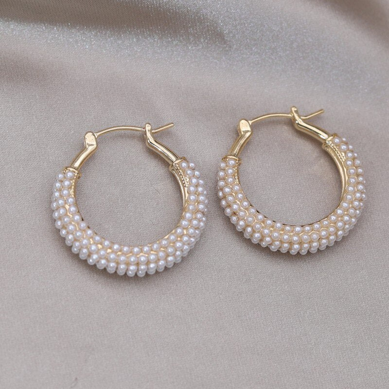 Korean Design Jewelry 14K Gold plated Handmade Pearl Round hoop Earrings Elegant Women's Daily Work Accessories