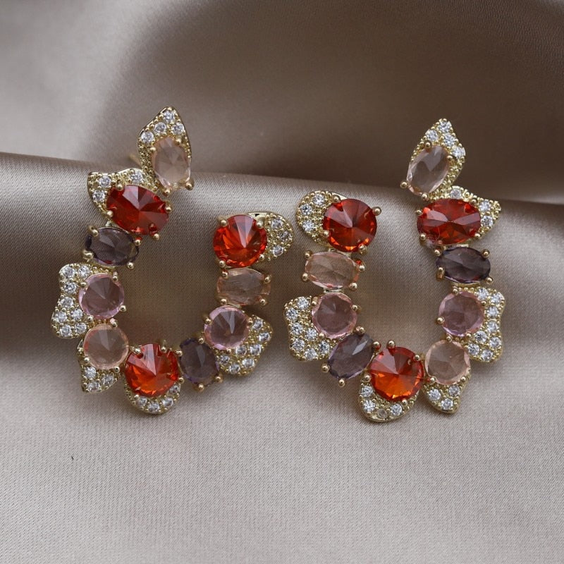 Korean Design Jewelry 14K Gold plated Letter U Colorful Zircon Earrings  Women's Wedding Party Accessories