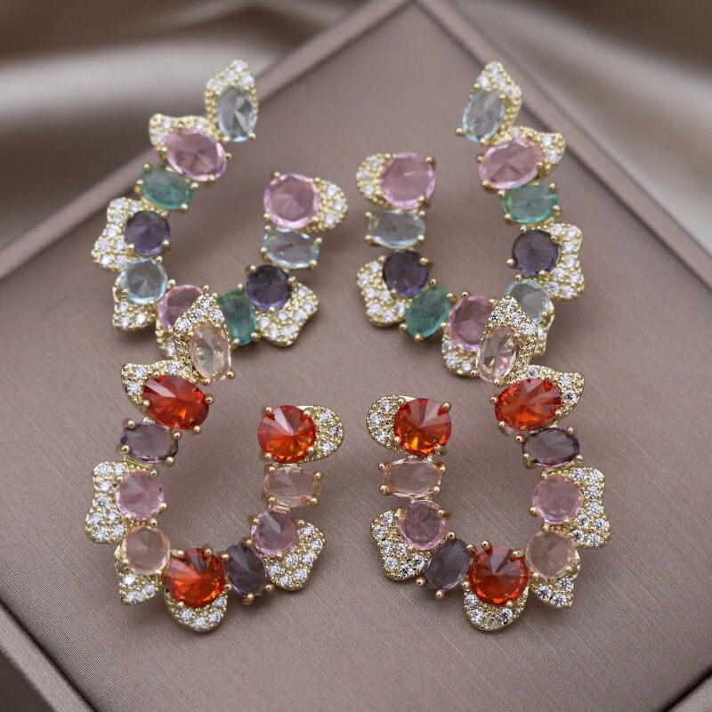 Korean Design Jewelry 14K Gold plated Letter U Colorful Zircon Earrings  Women's Wedding Party Accessories
