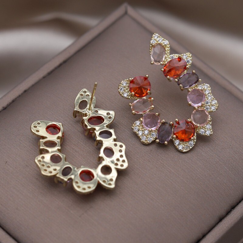 Korean Design Jewelry 14K Gold plated Letter U Colorful Zircon Earrings  Women's Wedding Party Accessories