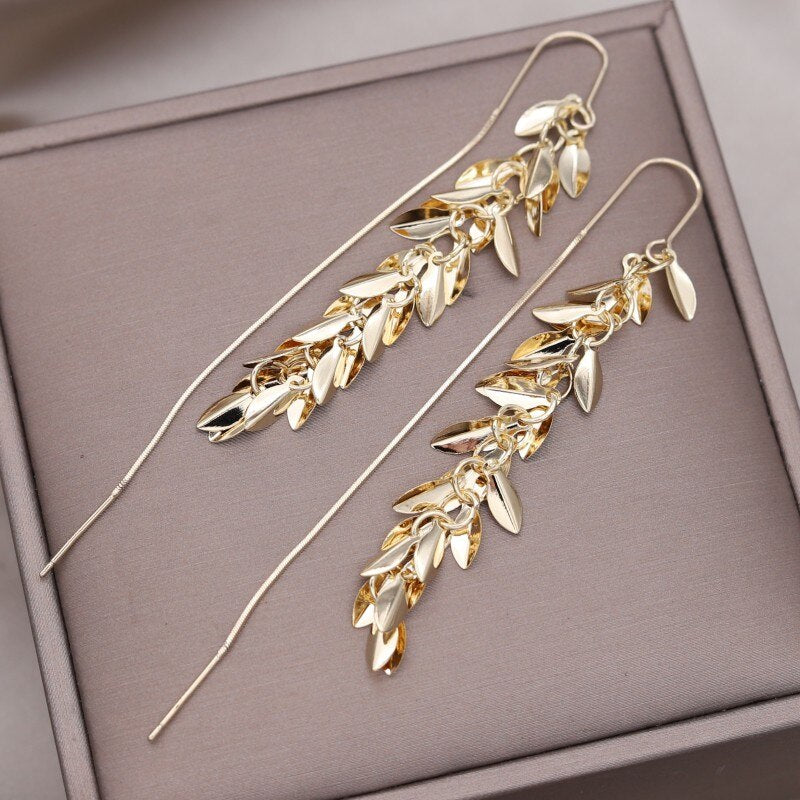 Korean Design Jewelry 14K Gold plated Metal Long Ear Earrings Elegant Women's Party Earline Accessories