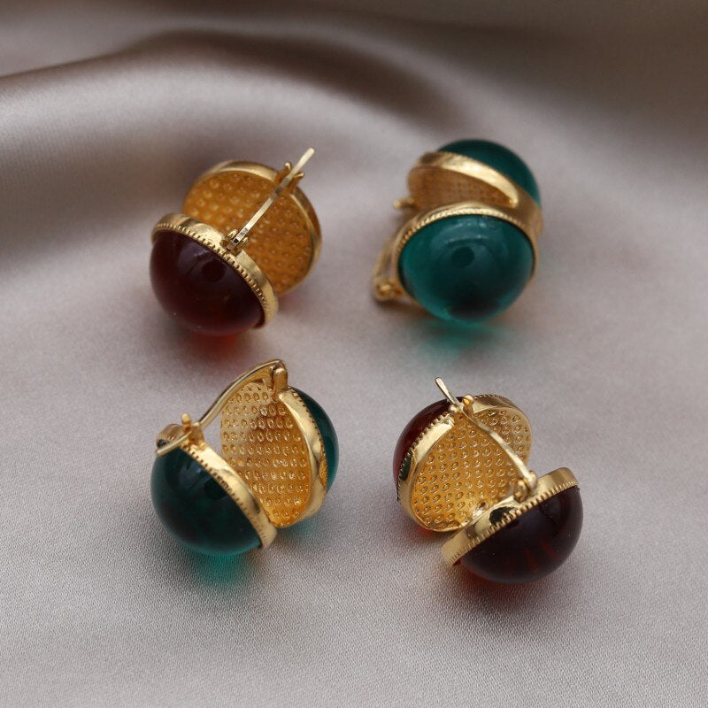 Korean Design Jewelry 14K Gold plated Simple Round Glass Earrings Retro Women's Daily Work Accessories