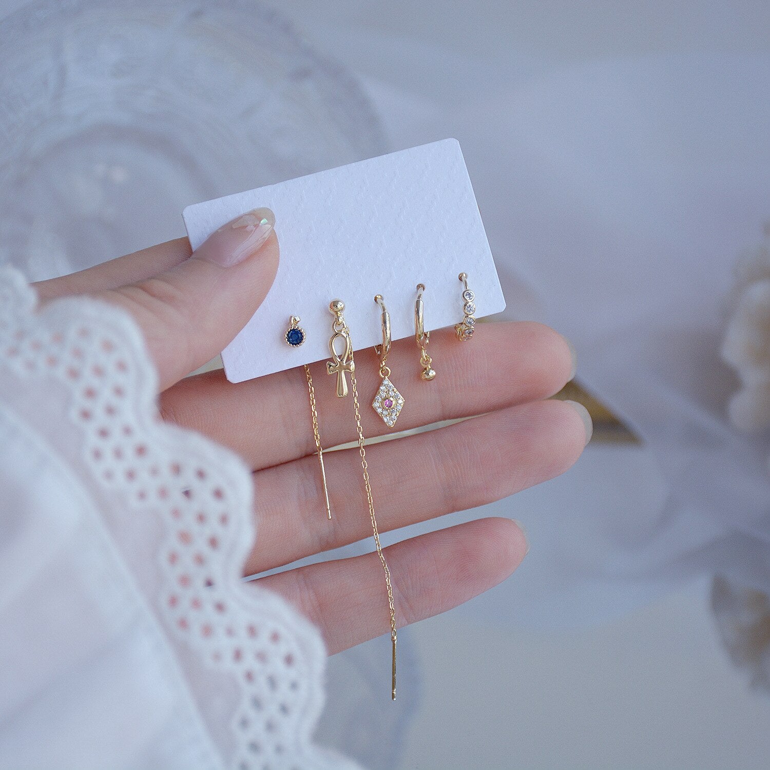 Korean Design Jewelry 5-piece Set Bowknot Geometric Long Tassel Female Wild Earrings