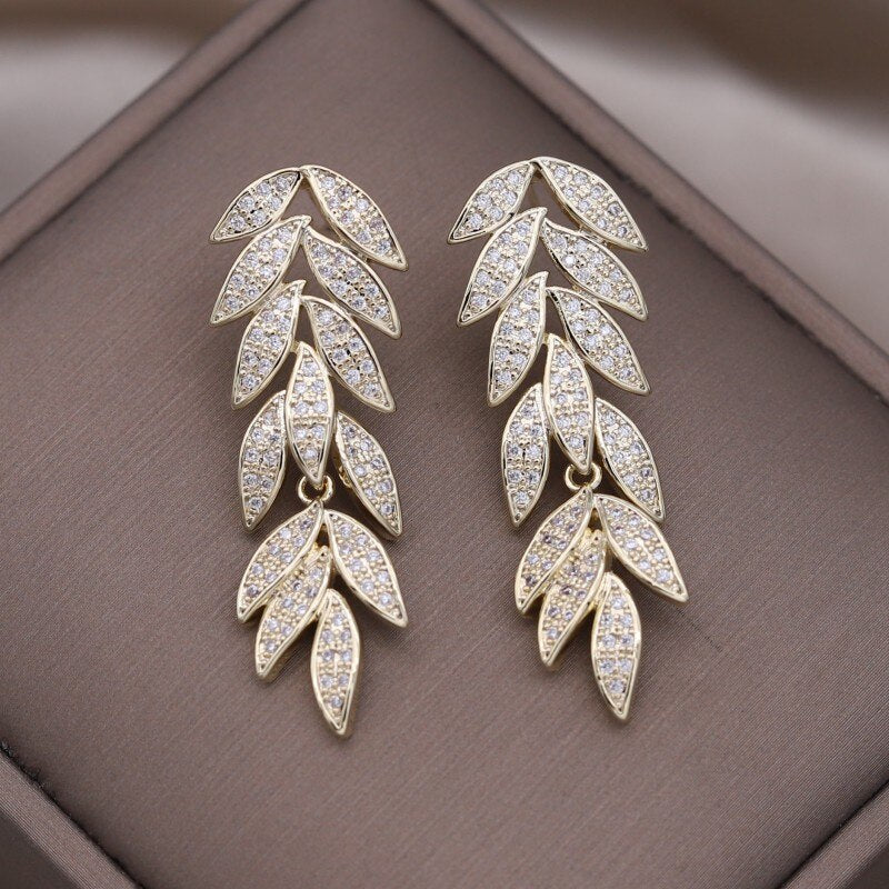 Korean Design Jewelry Copper Set Zircon 14K Gold oplated Long Leaf Earrings  Women's Wedding Party Accessories