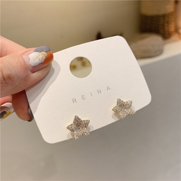 Korean Design Jewelry Exquisite Copper Inlaid Zircon Small Full Crystal Simple Pentagram Female Daily Wild Earrings