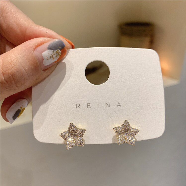 Korean Design Jewelry Exquisite Copper Inlaid Zircon Small Full Crystal Simple Pentagram Female Daily Wild Earrings