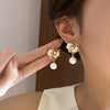 Korean Design Jewelry Hollow Black White Camellia Pearl Pendant Earrings Elegant Women's Daily Work Accessories