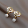 Korean Design Jewelry Hollow Black White Camellia Pearl Pendant Earrings Elegant Women's Daily Work Accessories