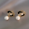 Korean Design Jewelry Hollow Black White Camellia Pearl Pendant Earrings Elegant Women's Daily Work Accessories