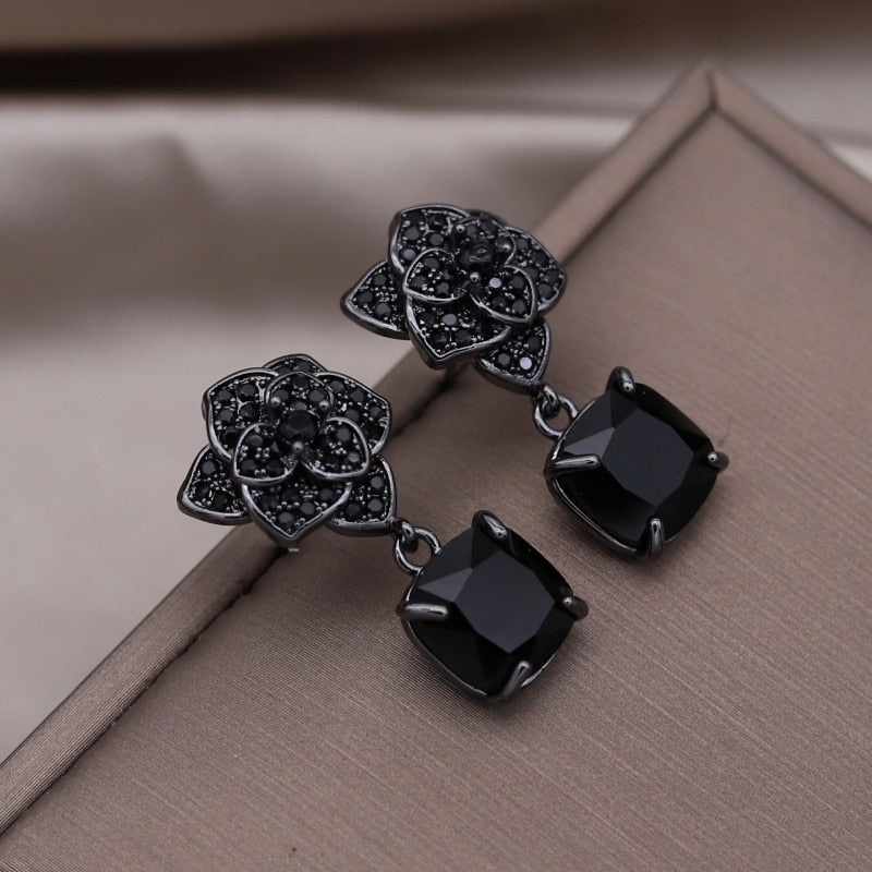 Korean Design Jewelry Premium Black Camellia Square Pendant Earrings Elegant Women's Party Accessories