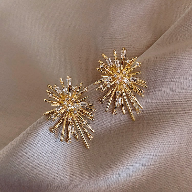 Korean Design Jewelry Personality Firework flowers Earrings Metal Copper Inlaid Zircon Earrings for women