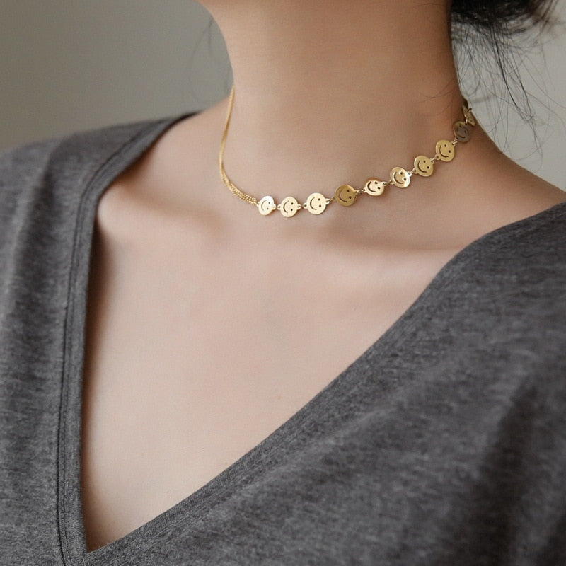 Korean Designer Stainless Steel Necklaces For Women Smiley Face Pendant Chokers Chain  Charm Jewelry Hiphop