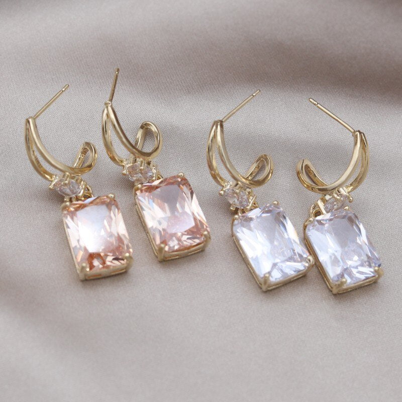 Korean Jewelry 14K Gold Plated  Square Zircon Pendant Earrings Elegant Women's Wedding Party Accessories