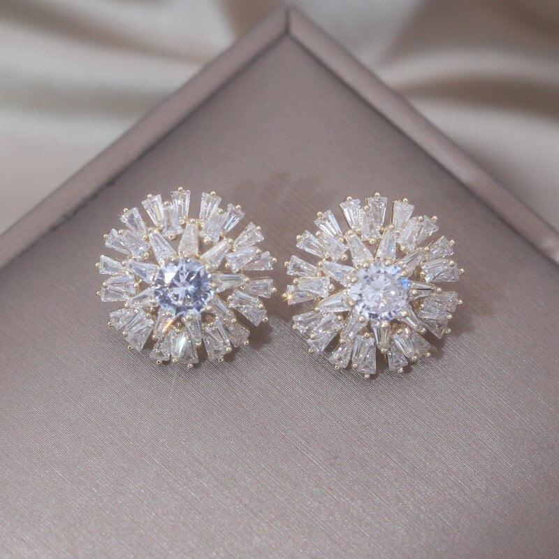 Korean Jewelry 14K Gold Plating  Copper Set Zircon Round Star Earrings Elegant Women's Daily Work Accessories