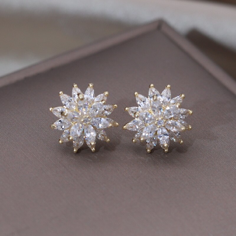 Korean Jewelry 14K Gold plated Double layer Flower zircon Earrings Simple Elegant Women's Daily Work Accessories