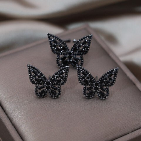 Korean Jewelry  Black Zircon Small Edition Butterfly Ring Earrings Elegant Women's Prom Party Accessories