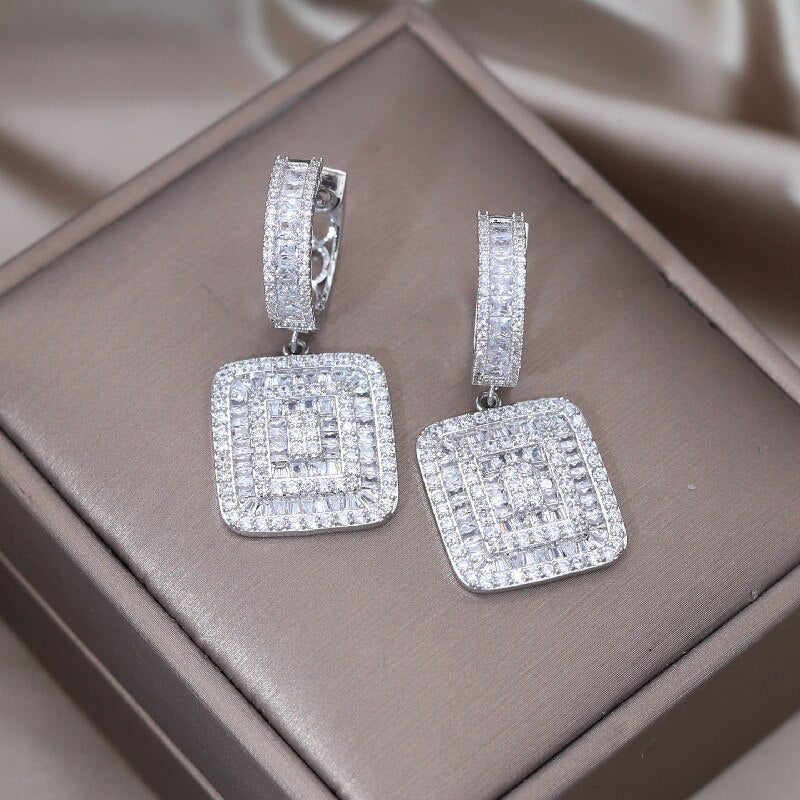 Korean Jewelry  Full Zircon Silver Color Square Pendant Earrings Elegant Women's Wedding Party Accessories