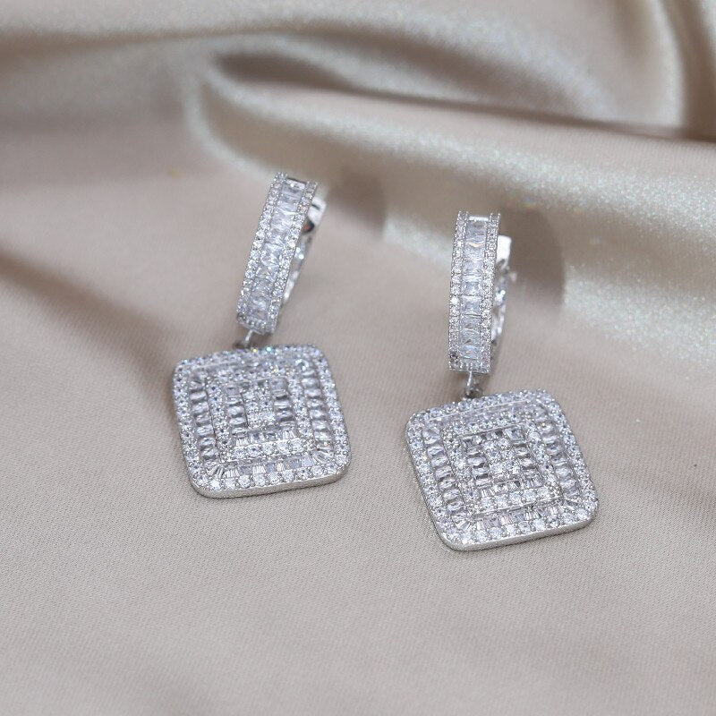 Korean Jewelry  Full Zircon Silver Color Square Pendant Earrings Elegant Women's Wedding Party Accessories