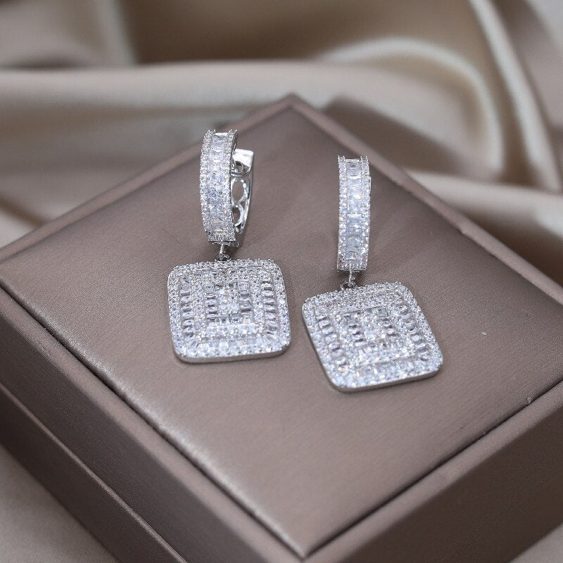 Korean Jewelry  Full Zircon Silver Color Square Pendant Earrings Elegant Women's Wedding Party Accessories