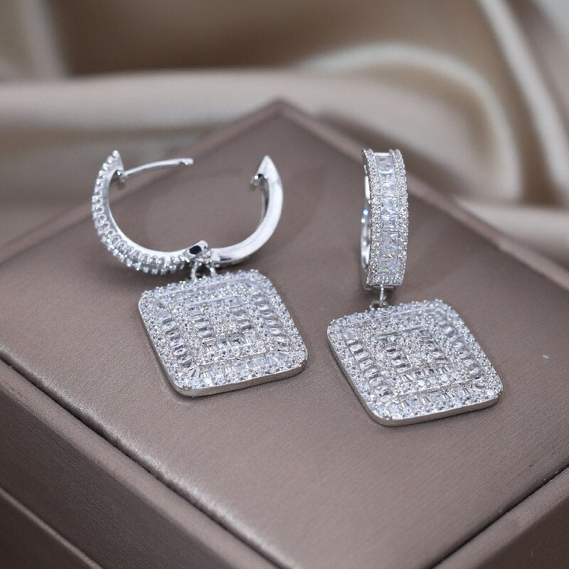 Korean Jewelry  Full Zircon Silver Color Square Pendant Earrings Elegant Women's Wedding Party Accessories