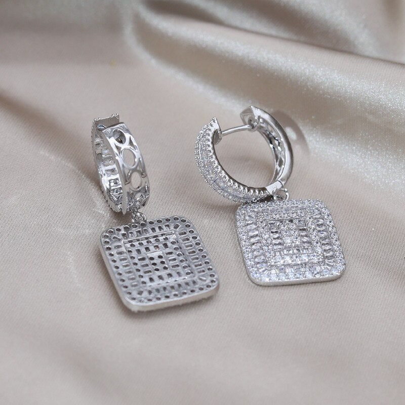 Korean Jewelry  Full Zircon Silver Color Square Pendant Earrings Elegant Women's Wedding Party Accessories