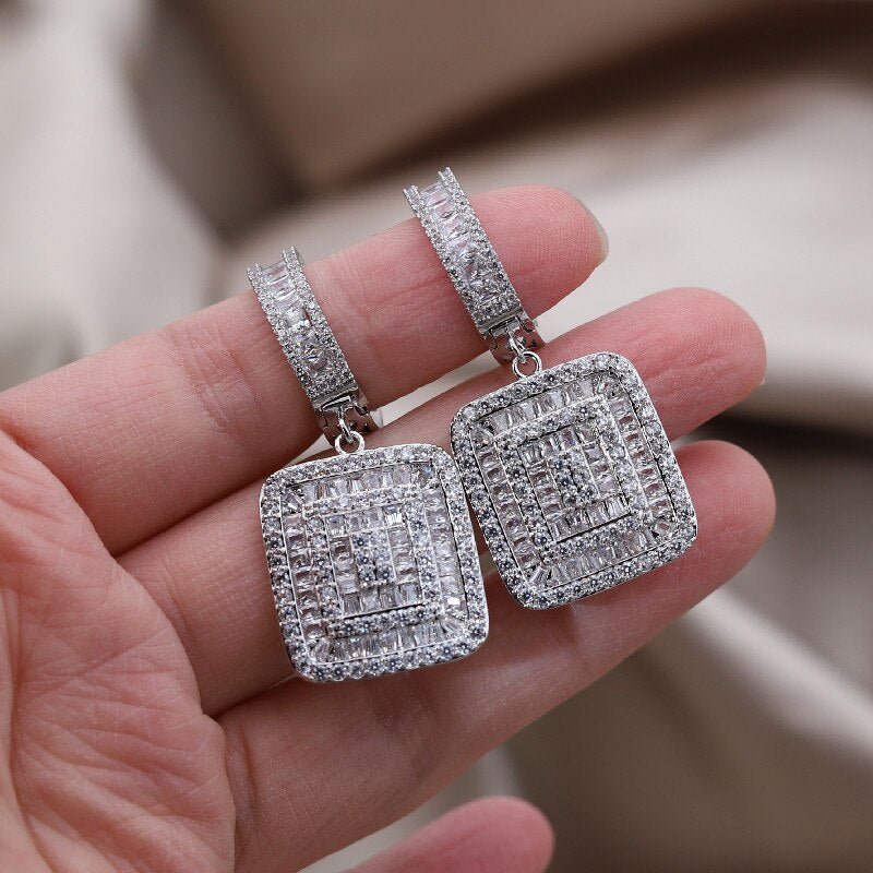 Korean Jewelry  Full Zircon Silver Color Square Pendant Earrings Elegant Women's Wedding Party Accessories