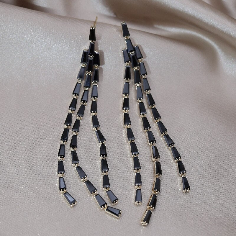 Korean Jewelry14K gold plated  Black Zircon Three layer Long Tassel Earrings Elegant Women's Party Accessories