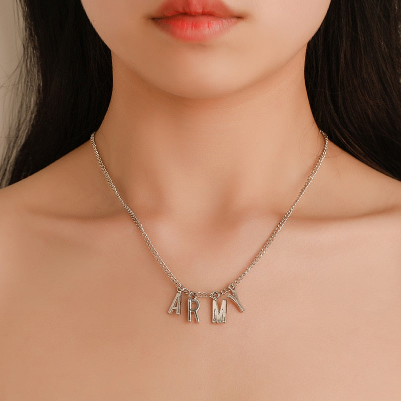 Korean Pop Simple Alloy Letters Army Clavicle Chain Necklace For Women Vintage Metal Pendant Jewelry