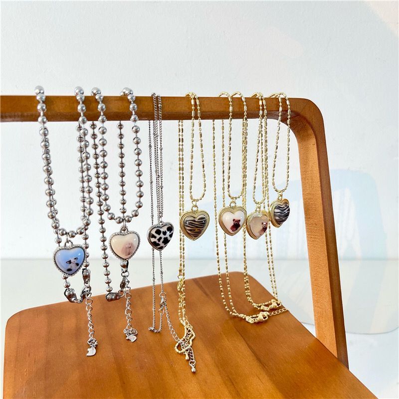 Korean Retro Geometric Love Bear Necklace Female Leopard Print Resin Chain Necklace Gifts for Women Girls Accessories