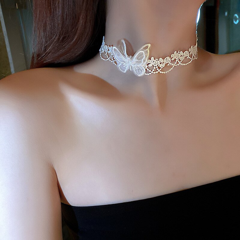 Korean Simple Personality Network Red Tide Liusen Temperament Short Super Fairy Lace Gauze Butterfly Neck Chain Necklace