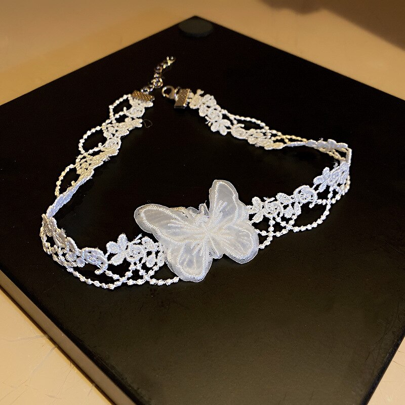 Korean Simple Personality Network Red Tide Liusen Temperament Short Super Fairy Lace Gauze Butterfly Neck Chain Necklace
