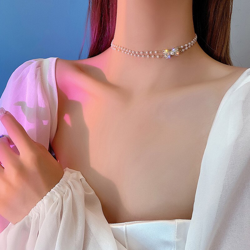 Korean Style Butterfly Choker Necklace Jewelry Women Vintage Pearl Collares French Romantic Multilayer Bowknot Clavicle Chain