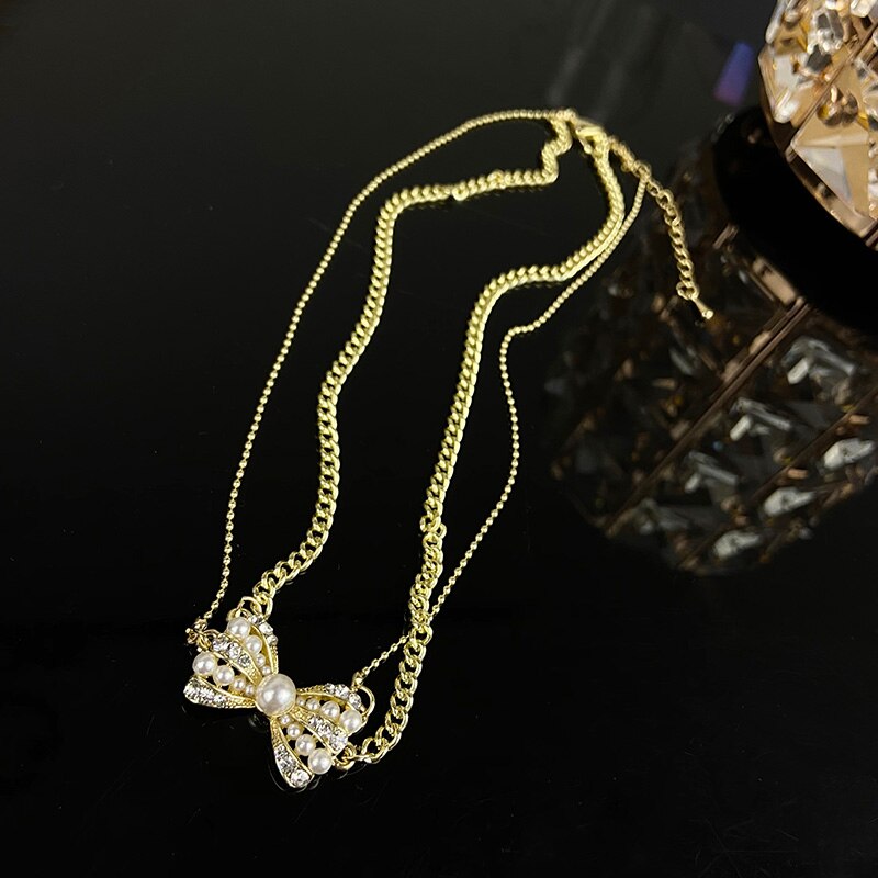 Korean Style Butterfly Choker Necklace Jewelry Women Vintage Pearl Collares French Romantic Multilayer Bowknot Clavicle Chain