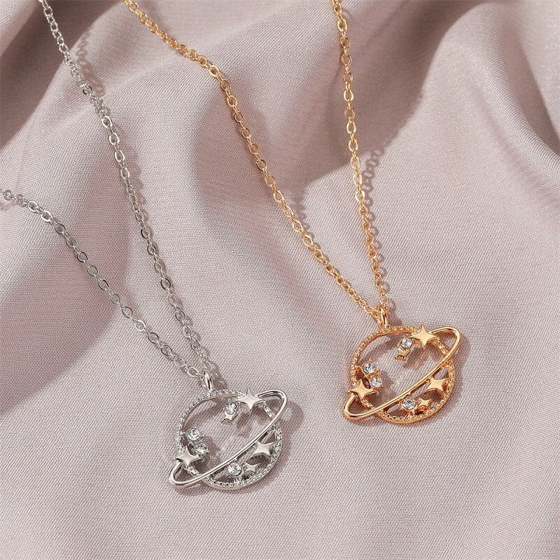 Korean Style Hollow Planet Pendant Necklace For Women Cubic Zirconia Crown Universe Necklaces Party Birthday Jewelry